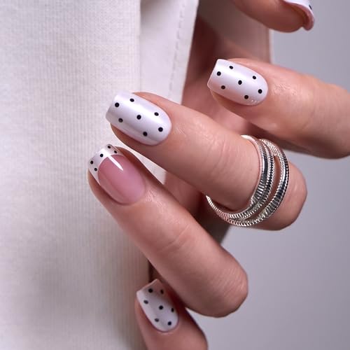 CurvLife Short Square Press On Nails - Butter Glow Yellow, Soft Gel, Dot Darling Variation