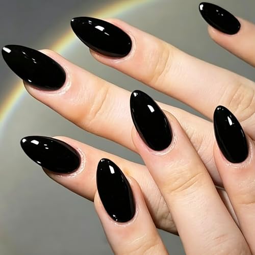 Black Obsidian Press-On Nails Medium Almond Stiletto Fake Nails, Gel Shine