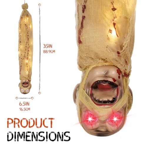 35in Animated Halloween Shaking Mummy Decoration with Red Eyes & Lights - Hanging Horror Prop