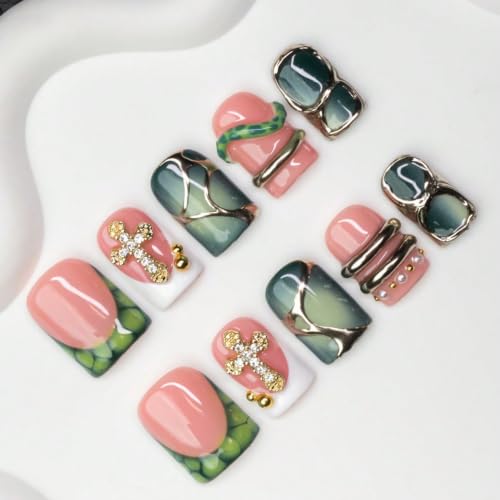 Handmade Short Square Press On Nails - Nude Pink Green Marble Gradient with Rhinestones & Charms - Style21 S