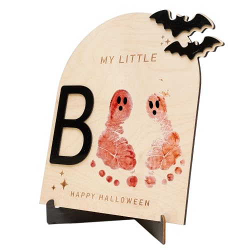 First Halloween Footprint Keepsake Sign - Baby Boo Wooden Decor - Wood Brown