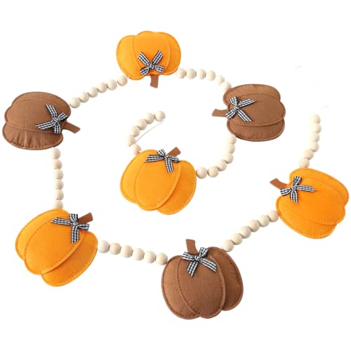 Fall Felt Pumpkin Garland with Beads - Buffalo Plaid & Natural Wood Decor