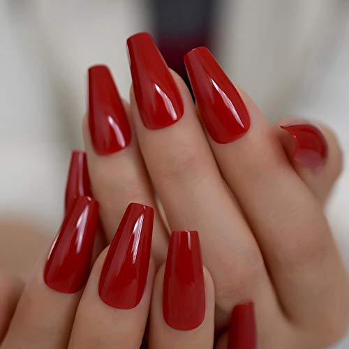 Red Press-On Ballet False Nails Long Ruby-Red Coffin Shape with Adhesive Tapes - Variation L5581, 24pcs