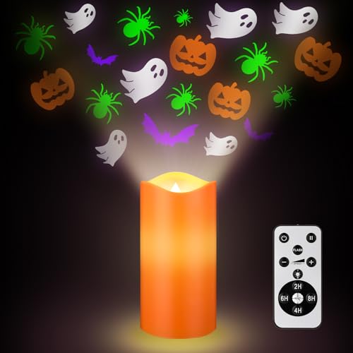 Halloween Ghost Flameless Candle with Projector Lights - Spooky Decor, Remote Control, Battery Operated - Variation: Halloween