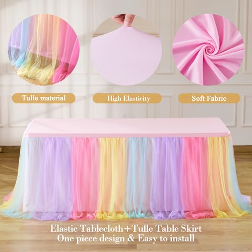 Rainbow Tulle Tablecloth for 8ft Rectangle Tables with Ruffle Skirt - Pastel Rainbow Party Decor