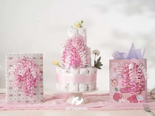 Pink & White Curly Gift Bows - 7 Inch Self-Adhesive & Tie-On for Gift Wrapping - 6 Pack