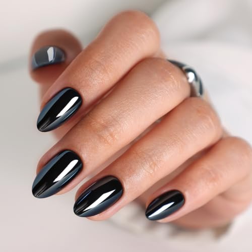 Press On Nails Liquid Onyx Short Almond Black Chrome 32 Count - Salon-Quality Manicure