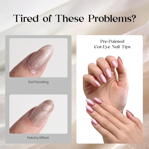 Beetles Cat Eye Press On Nails - Pink Aurora 8b Short Almond 160Pcs Glow