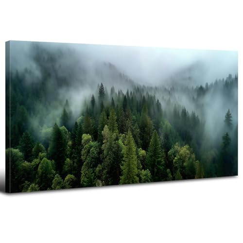Misty Green Mountain Forest Wall Art - 20x40 Inch Canvas Landscape Decor - Variation of 40L x 20W / Green Forest