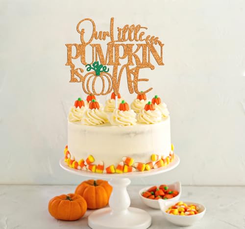 First Birthday Cake Topper Our Little Pumpkin is One Fall Halloween Decor Glitter