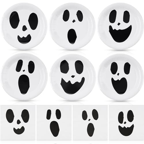 White Ghost Paper Plates & Napkins Set - Halloween Party Disposables for 60 Guests - Classic Ghost Design