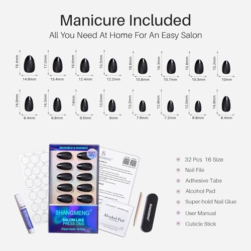 ShangMeng Matte Black Press On Nails with Glossy French Tips, Short Almond Shape, 32 Pieces