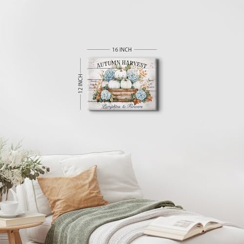 Fall Canvas Wall Art Farmhouse Pumpkins & Hydrangeas 16x12 Inches - Pumpkin02