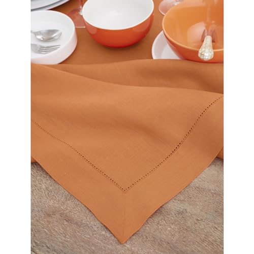 Pumpkin Linen Tablecloth 60x108 inch - Classic Hemstitch, Handcrafted