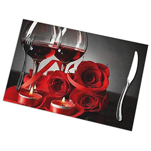 Set of 6 Red Wine Rose Placemats - Washable Table Mats for Dining & Home Decor