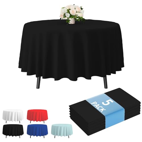 Disposable Plastic Tablecloth 84 Inch Round Black 5 Pack - Party Table Cover