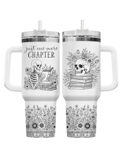 Skeleton Reading Books Tumbler 40oz with Handle - Halloween Gift - Skull Book Variation
