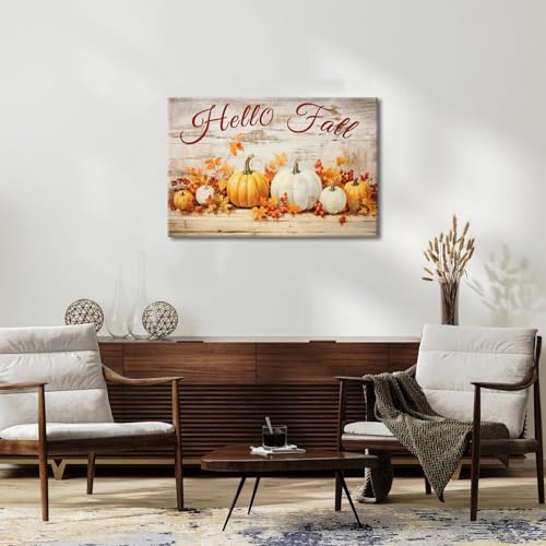 Hello Fall Rustic Pumpkin Wall Art - 36x24 Farmhouse Autumn Canvas Decor