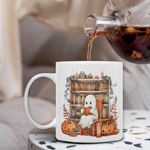 QASHWEY White Halloween Ghost Mug 11oz - Fall Book Lover's Coffee Tea Cup