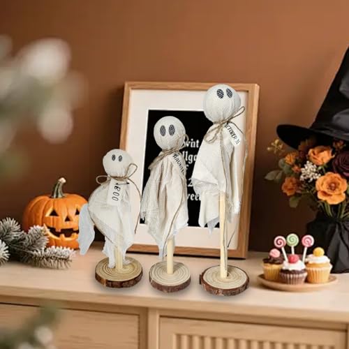 Ghost Halloween Decorations Set - Rustic Wooden Farmhouse Shelf Sitters with Fabric Ghost Figures - Indoor Outdoor Fall Decor - Variation: Ghost