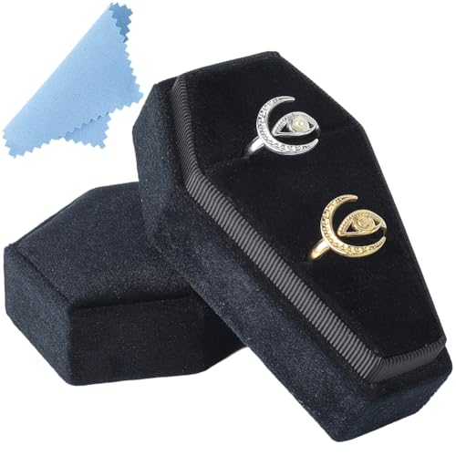 Gothic Coffin Ring Box with Velvet Interior and Silver Polishing Cloth - Black Jewelry Organizer for Weddings Halloween