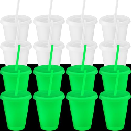 15 Pack 16 oz Glow in the Dark Halloween Cups with Lids & Straws - Fluorescent Green