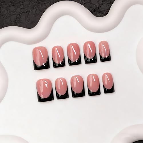 Press On Nails Black French Tip Fake Nails Short Square M / A 2626
