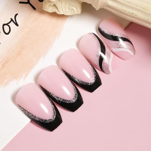 24PCS French Tip Press-On Nails Medium Length Square Fake Nails with Silver Glitter Line Designs