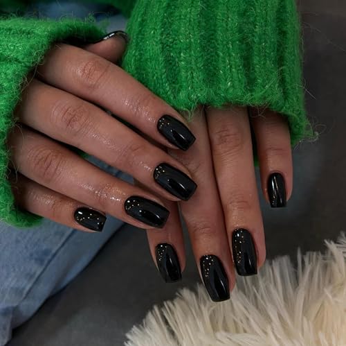 Black Press-On Nails Short Medium Square Glossy Fake Acrylic Gel Nails for Women