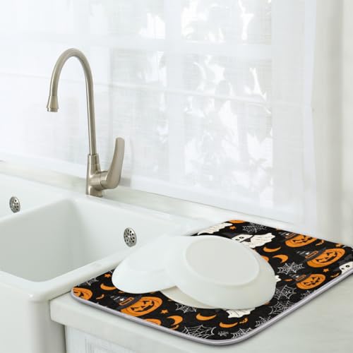Halloween Dish Drying Mat for Kitchen Counter 18x24 in Pumpkins Ghost Bats Pattern - Absorbent Non Slip Kitchen Mat, Halloween Themed