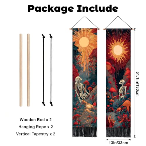Skeleton Sun Vertical Tapestry Wall Hanging with Tassels - 13x51.1 Inch Long Wall Art for Bedroom, Living Room, Dorm - Variation: Skeleton Sun