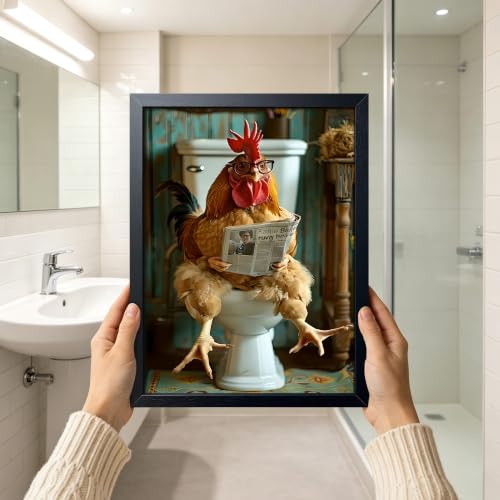 A-Rooster Framed Canvas Wall Art - Humorous Bathroom Decor 16x12 Inches