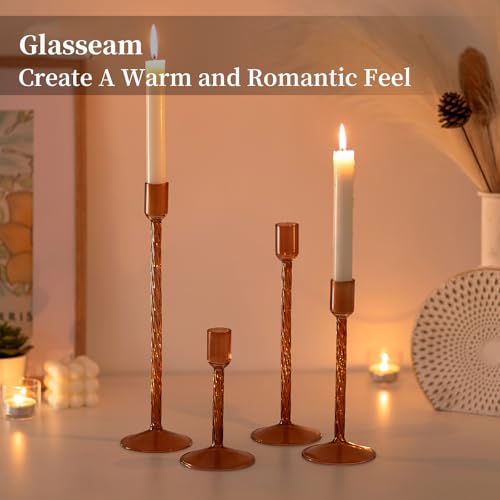 Amber Taper Candlestick Holders - 4 Pack with Brown Variation, Elegant Thanksgiving Table Decor