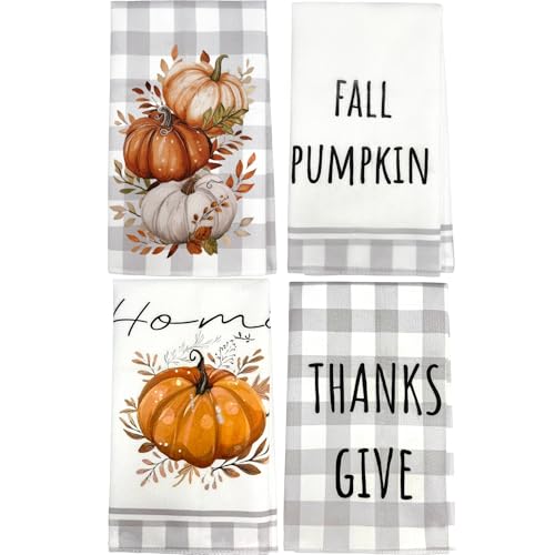Fall Kitchen Towels Set of 4 - Pumpkin Buffalo Plaid Home Decor - Orange Pumpkin