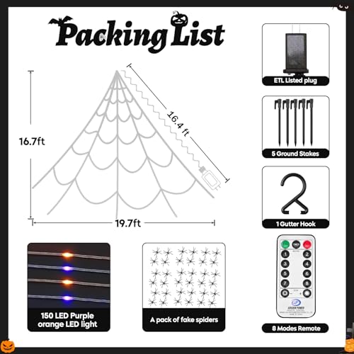 Giant 16ft LED Spider Web Halloween Outdoor Decoration - Waterproof, 8 Modes