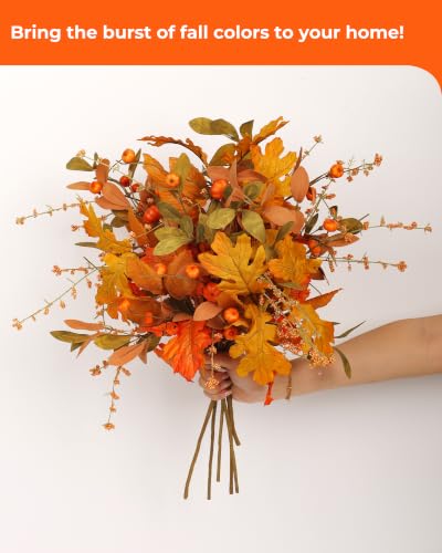 Artificial Fall Foliage Stems for Vase Bouquet - 6 Pack Orange Autumn Decor