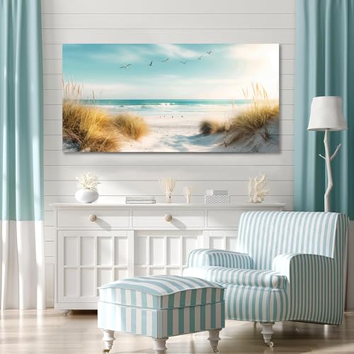 Large Beach Reeds Canvas Wall Art - Ocean Seascape Painting for Living Room & Bedroom - 24x48 Inches - Coastal Decor