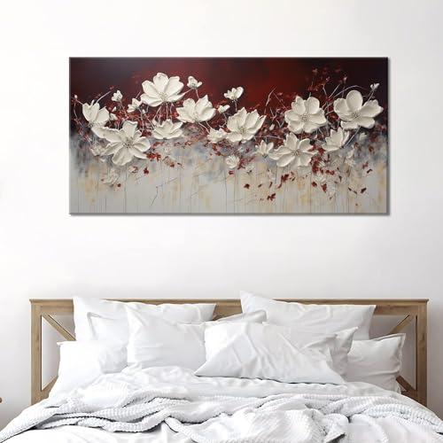 Wall Art Canvas - White Flowers on Red Background, 20x40 Inches - Frame Included (H050)