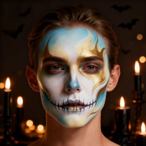 Blue White Gold Face Paint Set with Mirror & 3 Brushes + 3 Sponges for Halloween
