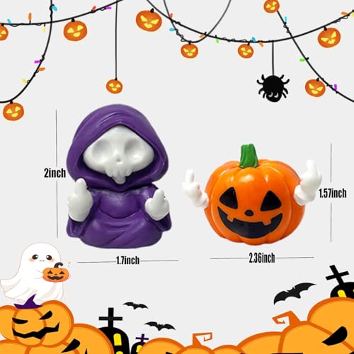 2PCS Halloween Pumpkin and Skeleton Figurines - Resin Skull Reaper Decor