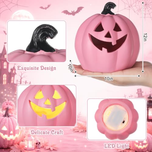 Pink Halloween Pumpkin Decor Set - 3 LED Lighted Flocked Resin Ornaments