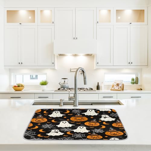 Halloween Dish Drying Mat for Kitchen Counter 18x24 in Pumpkins Ghost Bats Pattern - Absorbent Non Slip Kitchen Mat, Halloween Themed