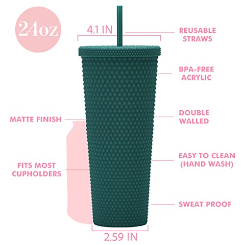 24oz Fully Green-Black Studded Insulated Tumbler with Lid & Straw
