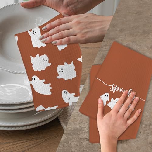 Halloween Ghost Kitchen Towels Set of 2 - Burnt Orange Fall Hand Dish Towels