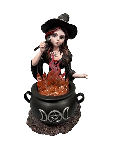 Halloween Witch Figurine with Red Fire Cauldron Fantasy Decor
