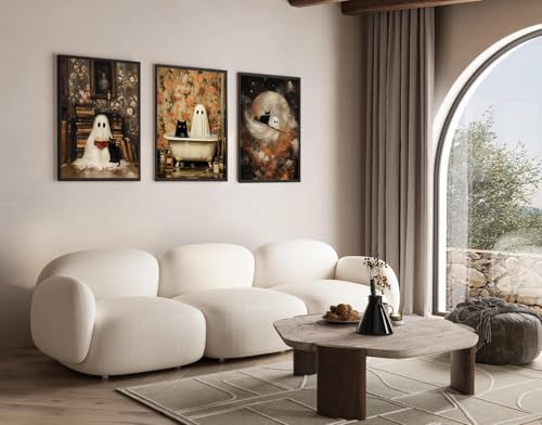 Halloween Ghost Wall Art Set - Gothic Moody Ghosts & Black Cat Poster 24x16 Inches