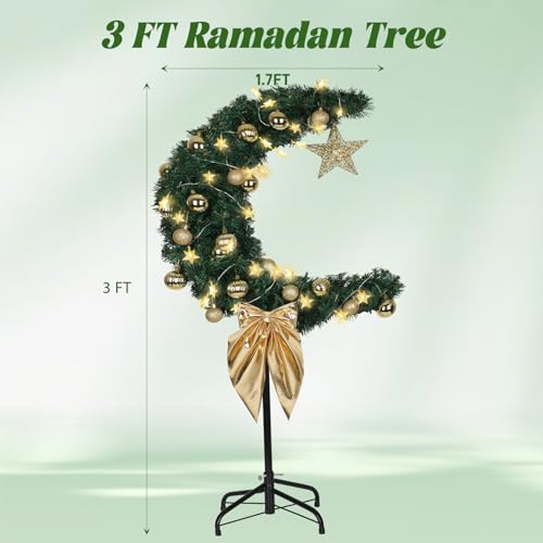 3 FT Eid Ramadan Moon Tree with LED Star String - Green Islamic Garden & Indoor Decor