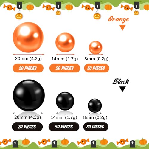 Black Orange Vase Filler 300PCS Pearls Beads for Centerpieces & Decor - 8/14/20 mm No Hole