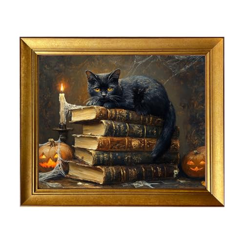 Gongyuanyihao Arts Vintage Halloween Wall Art - Black Cat & Pumpkins Canvas Print, 10x12in Ready to Hang