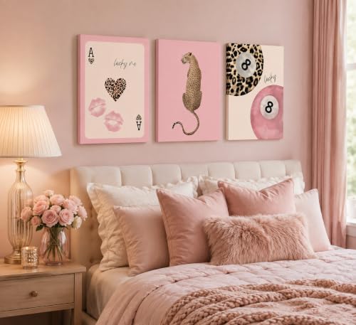 Pink Leopard Canvas Wall Art Set - 16x12 Inches, Preppy Animal Decor for Girls Room